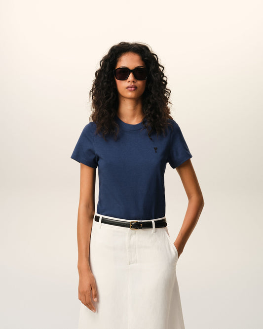 Blue Cotton Ami De Coeur Cropped T-shirt