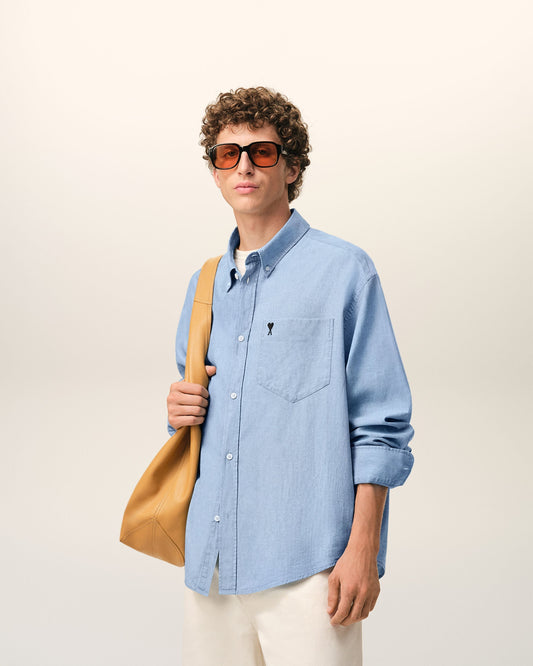 Blue Cotton Boxy Embroidered Ami De Coeur Shirt