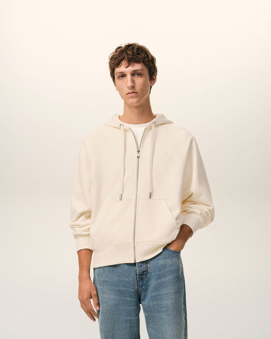White Cotton Embossed Ami De Coeur Zipped Hoodie